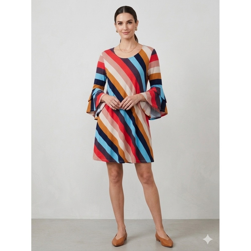 Umgee USA Womens Multi Color Diagonal Stripe Ruffle Bell Sleeve Shift Dress M